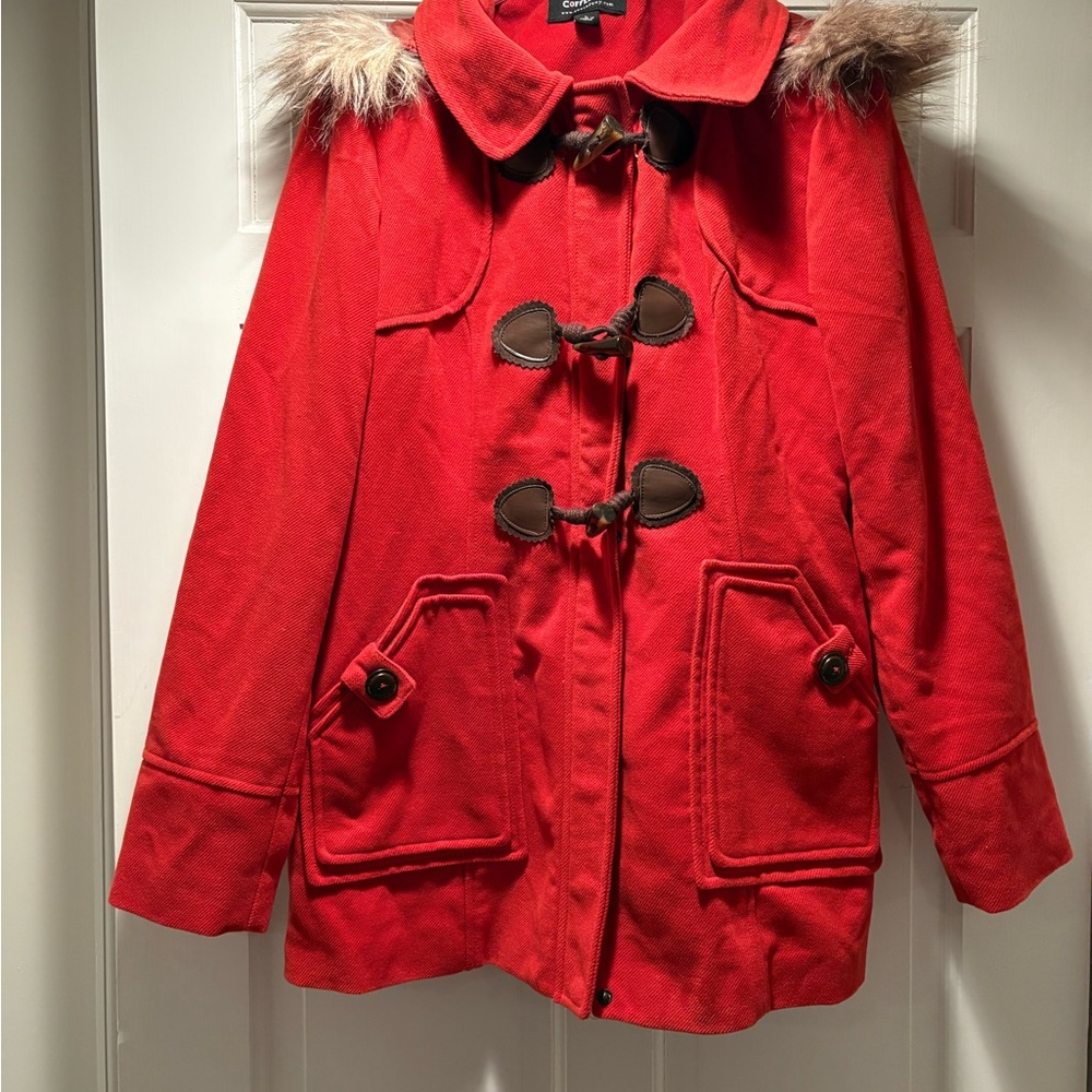 CoffeeShop Reddish Orange Pea Coat with removable Faux Fur Trim